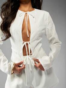 MISSGUIDED Embroidered Long Sleeve Cut Out Blouse Festival Boho Chic Evening Resort Party Tie Front Summer Beach Top - White - View 6