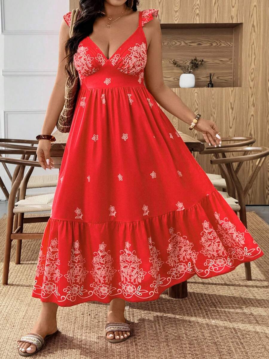 Weeklong 大码女式盖袖腰带花卉印花连衣裙，夏季女装