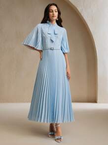 Anewsta 女士优雅刺绣花卉图案结领中长款褶皱连衣裙，配搭扣腰带，夏季 - 淺藍色 - 查看 7