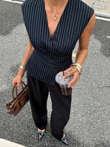 Siren Gaze 女式条纹收腰V领无袖衬衫，通勤装 - 藏蓝色 - 查看 6