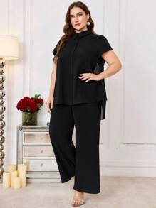 Modelyn 2pcs/Set Plus Size Women's Solid Color Short Sleeve Casual Set - Black - View 6