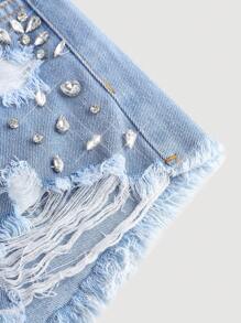 SHEIN Girlism Shorts di jeans larghi in denim blu con decorazioni in strass consumati per ragazze pre-adolescenti, outfit casual in due pezzi per primavera/estate, shorts larghi per concerti estivi, festival, feste, abbigliamento per il 4 luglio, outfit per feste di laurea in due pezzi