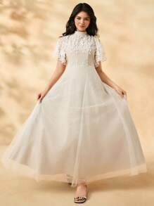 Elegant And White Flowing Mesh Dress With Delicate Lace Decoration For Teen Girl Suitable For Party, Formal Occasion, Outdoor - Apricot - View 4