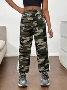 Tween Girls Casual Fashionable Street Camo Print Side Tape Trim Elasticated Sweatpants Fall Winter