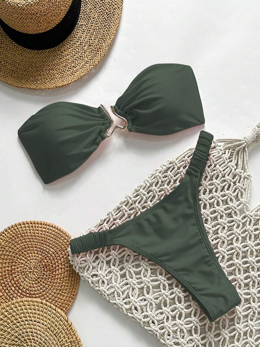 Swim Vcay Set Bikini 2 Potong Wanita Musim Panas Warna Polos Tanpa Tali dengan Dekorasi Logam Seksi