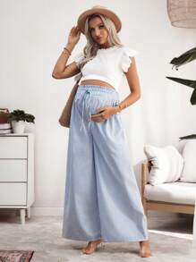 SHEIN 孕妇休闲条纹荷叶边抽绳腰阔腿裤 - 藍白色 - 查看 5