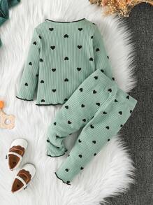 SHEIN Baby Girl Heart Print Contrast Lettuce Binding Tee & Pants