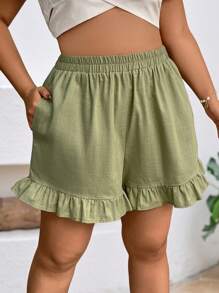 INAWLY Quần short cạp chun màu trơn cỡ lớn có viền xếp nếp, túi xéo, mùa hè - màu xanh lá - Xem 2