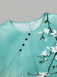 2pcs/Set Women Plus Size Ombre Floral Print Round Neck Short Sleeve Top And Wide Leg Pants