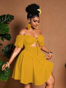 Maweii Plus Size Women's Solid Color Off Shoulder Short Puff Sleeve Hollow Out Design Sexy Dress