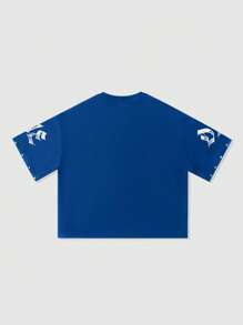 ROMWE MEN Street Life Religious Men's Rhinestone Print Loose Crop Top T-Shirt, 2000s Style - Blue - View 2