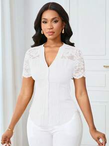 Lunelith SHEIN Lunessa 通勤简约优雅蕾丝拼接V领短袖女士衬衫 - 白色 - 查看 6