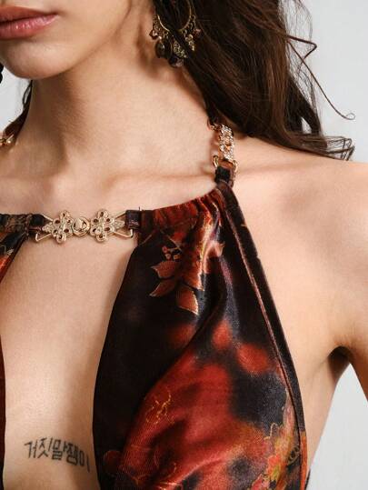 Hippie Women's Retro Hippie Style Draped Neck Backless Velvet Blouse With Metallic Floral Decor