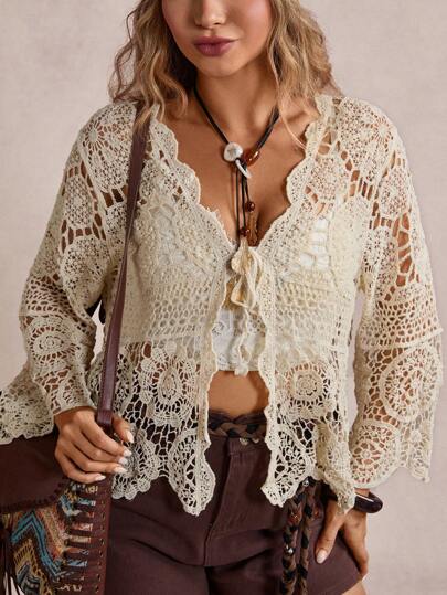 Freevana Cardigan de punto con mangas largas, diseño de nudo delantero y hueco en talla grande de unicolor para vacaciones