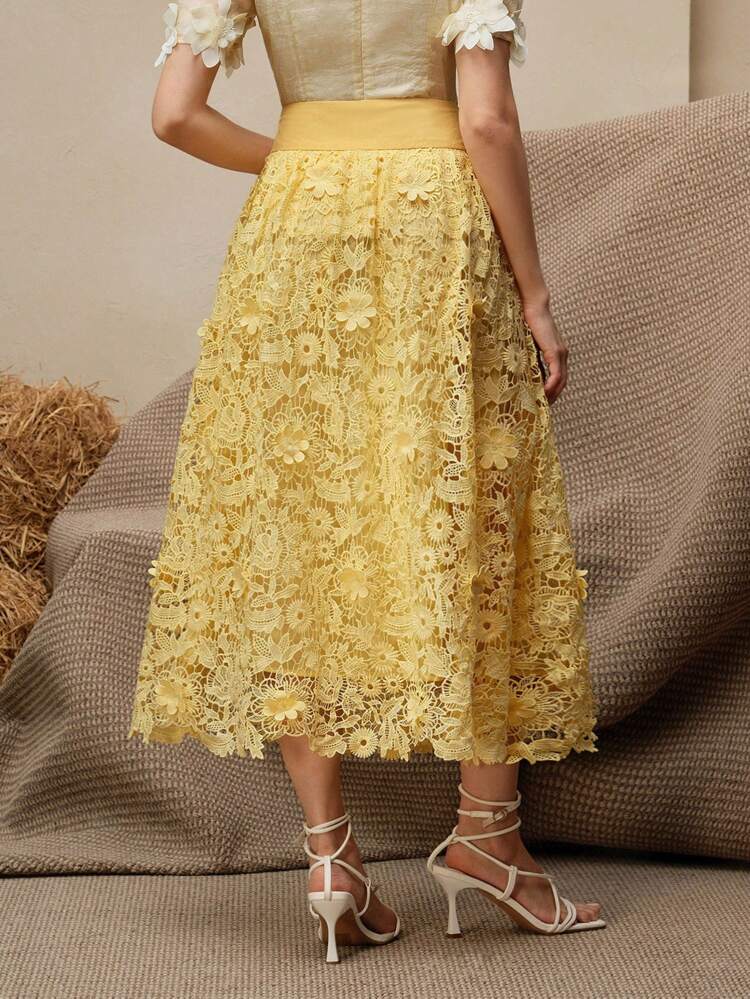 New Women's Elegant Water-Soluble Guipure Lace Romantic Fluffy Skirt, Summer Clothes, Butter Yellow