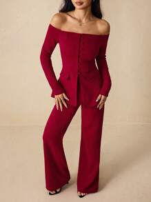 SHEIN PETITE 女款复古单肩西装外套+西装裤两件套西装办公室仙女风秋冬老钱风 - 酒紅色 - 查看 7