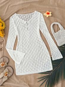SHEIN TEENGIRL White Hollow V-Neck Beach Vacation Coverup, Versatile Resort Piece White Knit Top White Crochet Top Cover Ups For Swimwear Swimsuit Cover Up Beach Cover Up