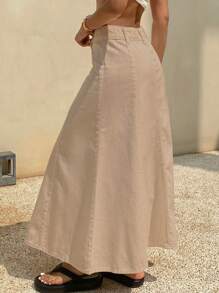 DAZY Plain A-Line Long Casual Denim Skirt For Women,Back To School Clothes Jeans Skirt Vacation Outfits Women - Apricot - View 2