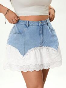 Rina Fox Minifalda vaquera azul clara de talla grande con adorno de encaje elegante y casual para mujer