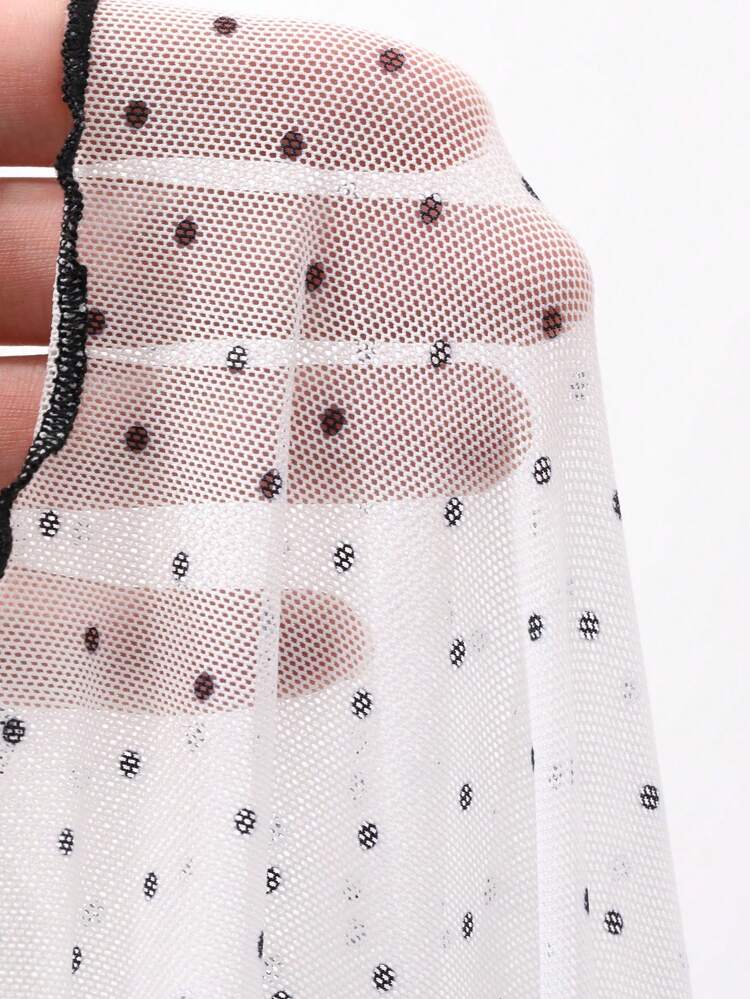 Dazy Plus Plus Size Women Contrast Color Patchwork Stand Collar Mesh Polka Dot Top Sheer Blouse T-Shirt