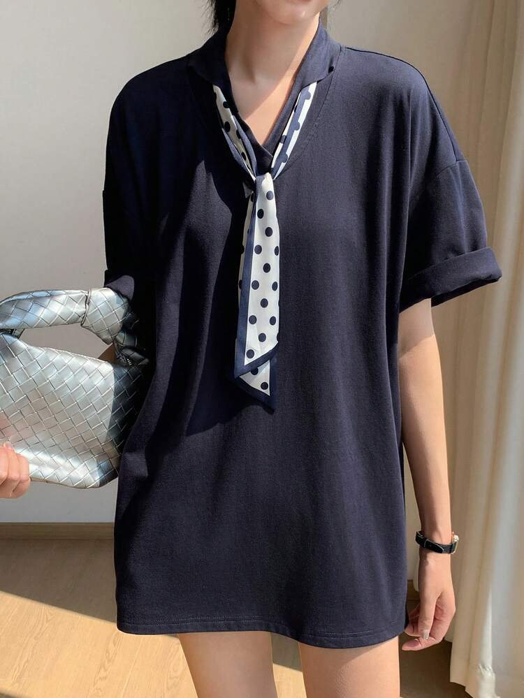 Women's Loose Fit Mid-Length Navy Collar Top, College Style For Summer