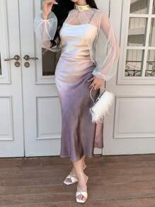 DAZY 2pcs Women Set: Ombre Sleeveless Dress & Cover Up Cover Up, Elegant Style For Summer Carnival - Purple - View 1