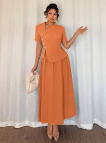 Elenzga Bộ đồ thời trang nữ cổ áo bất đối xứng tay ngắn và chân váy dài đến giữa bắp chân 2 mảnh, đi làm, hẹn hò, thanh lịch, mùa hè - trái cam - Xem 4