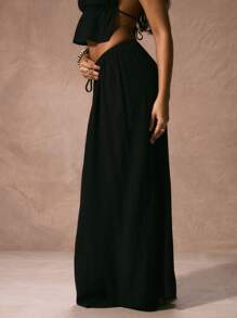 Musera Resort 低腰抽绳飘逸长裙沙滩罩衫度假春夏优雅性感伊比沙岛风情春夏波西米亚黑色假日毕业舞会 - 黑色 - 查看 4