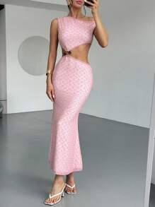Firerie Vestido femenino nuevo de color rosa con detalles calados asimétricos en los hombros y la cintura, con cuentas especiales en la espalda descubierta. Vestido de textura rosa con pequeños lunares tridimensionales, adecuado para vacaciones en la playa, fiestas de jardín, atuendos de ocio/vacaciones, atuendos de cumpleaños, atuendos de club, ropa de festival, vestidos de graduación para mujer. - Rosa - Ver 6
