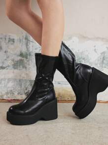 Sugerpunk Women's Thick Sole Chunky Heel Matte Black Punk Style Mid-Calf Boots, Gothic Fashion, Minimalist Design, Comfort, Elegant Round Toe, Back Zipper, Slip-On Combat Rider Boots - Black - View 3