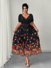 Elenzga Große Größen Sommer Elegant Blumen Muster V-Ausschnitt geraffte Taille ausgestelltes Maxikleid - Verschiedenfarbig - Übersicht 4