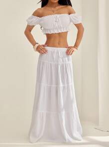 SHEIN PETITE Women's Vacation Style Off Shoulder Ruffle Hem Crop Top And Drawstring Waist Tiered Hem Maxi Skirt Set, Summer - White - View 3