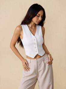 SHEIN PETITE 秋冬女式纯色单排扣无袖休闲西装外套 - 白色 - 查看 1