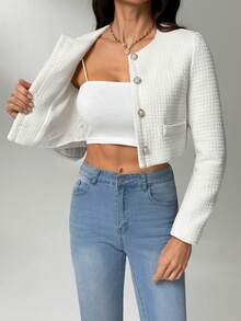 SHEIN Tall 女式粗花呢仿珍珠纽扣门襟短款大衣，优雅通勤白色粗花呢西装短款上衣夹克白色短款夹克白色粗花呢夹克珍珠纽扣夹克白色短款西装外套秋冬 - 白色 - 查看 8