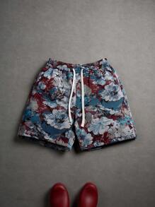 Manfinity Hypemode 男士度假休闲风，INS 搭配色彩缤纷的雏菊提花印花休闲短裤。这款短裤采用弹性腰带设计，兼具时尚造型和法式休闲浪漫风情。无论是夏威夷海滩度假、音乐节还是日常穿着，都是完美之选，也是送给男友或丈夫的绝佳礼物。男士提花印花抽绳腰带休闲短裤，带口袋，男士印花短裤，男士夏季印花短裤 - 彩色 - 查看 1