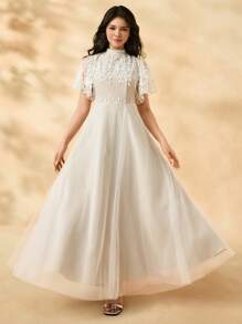Elegant And White Flowing Mesh Dress With Delicate Lace Decoration For Teen Girl Suitable For Party, Formal Occasion, Outdoor - Apricot - View 3