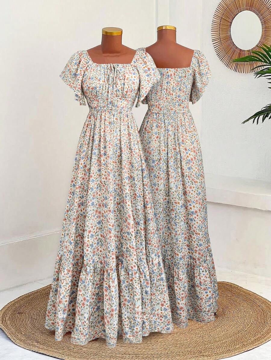 Sweetra 加大码钻石领弹性腰部补丁褶皱 A 字短袖连衣裙 - 彩色 - 查看 1