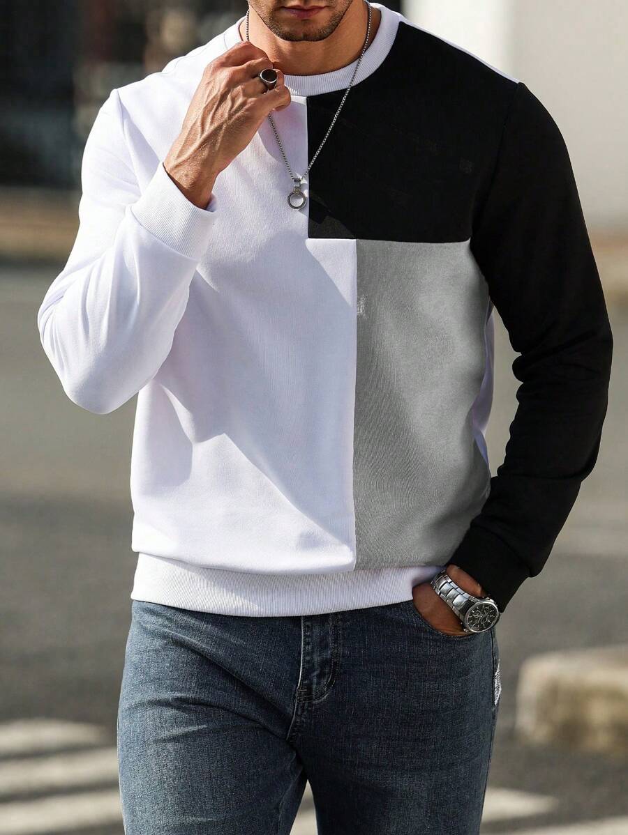 Manfinity Homme Men's Casual Contrast Color Round Neck Long Sleeve Sweatshirt Men Colorblock Sweatshirt, For Fall - Black - View 1