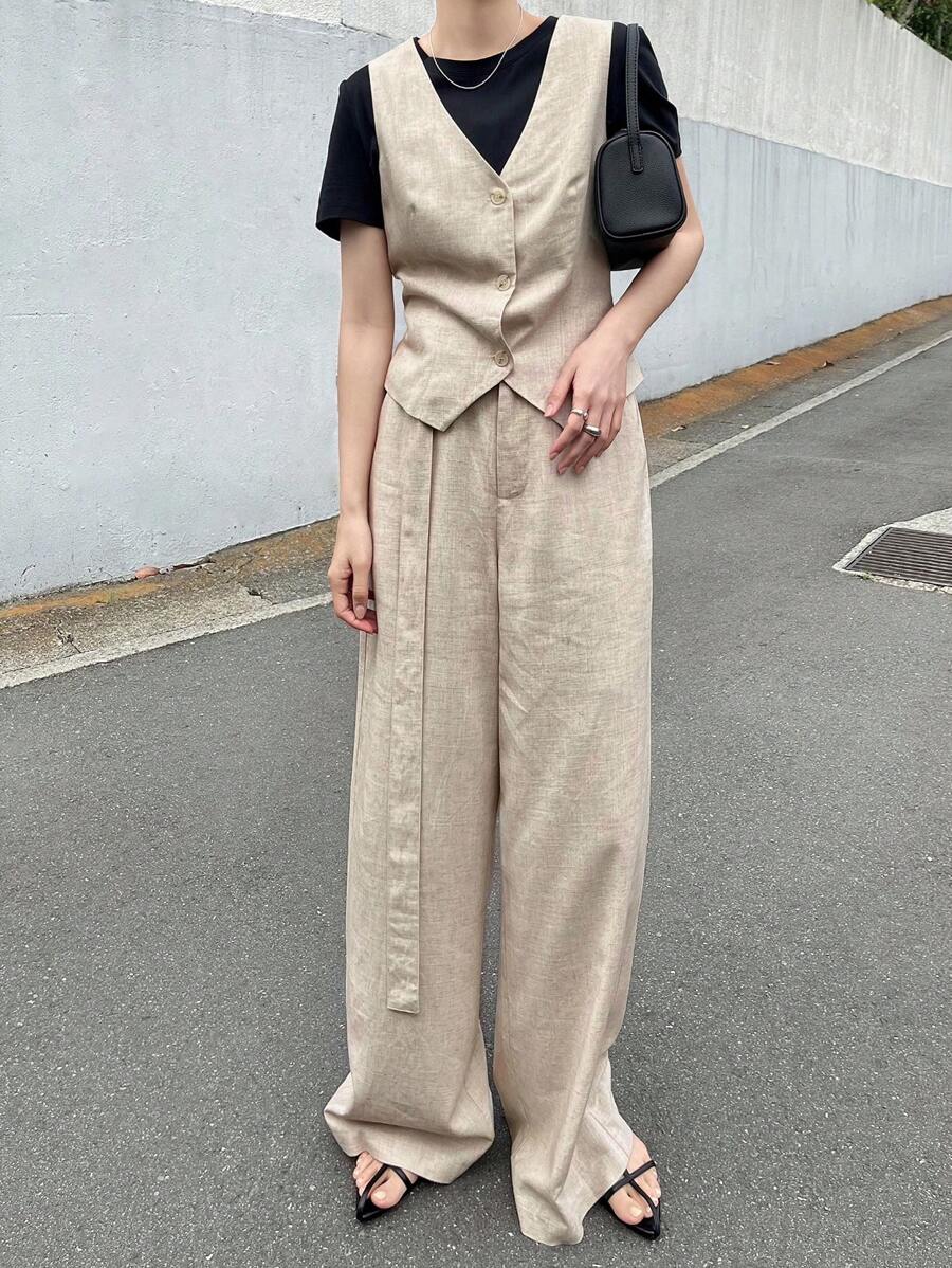 FRIFUL Women's Fitted Sleeveless Vest And Wide Leg Pants With Long Belt 2 Pieces Set, Summer Lounge Sets For Women - Apricot - View 1