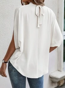 EMERY ROSE 夏季休闲纯色立领中袖衬衫 - 白色 - 查看 2