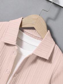 SHEIN Vintaside Kids 2 件套年轻男孩休闲学院风字母 Polo 领短袖衬衫和短裤，舒适透气，适合日常穿着、上学、度假、旅行、放松、日光浴、夏季 - 米色 - 查看 3