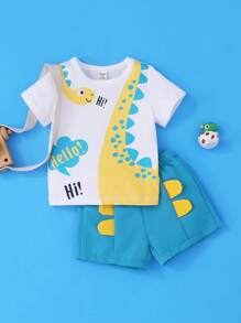 SHEIN Baby Boys' Cute Dinosaur Printed Shorts Set - Baby Blue - View 1