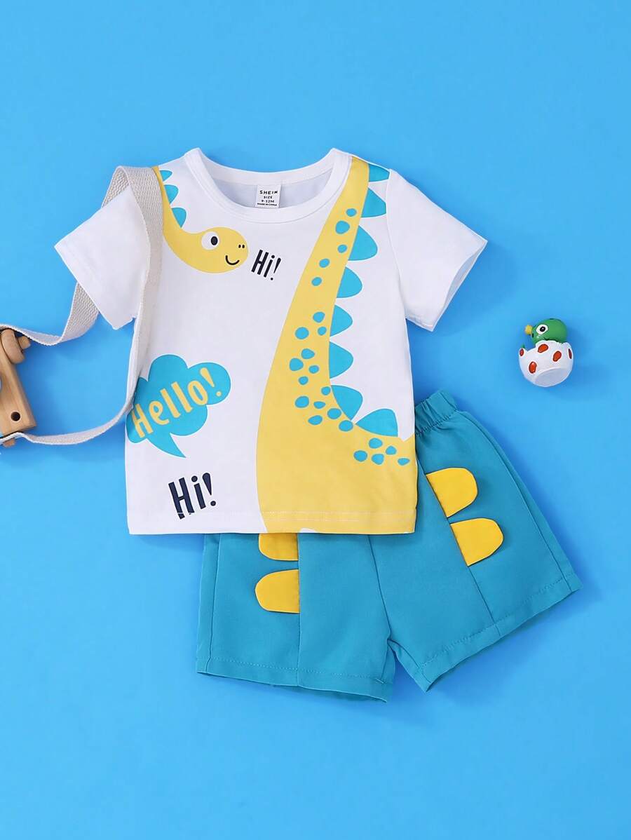 SHEIN Baby Boys' Cute Dinosaur Printed Shorts Set - Baby Blue - View 1