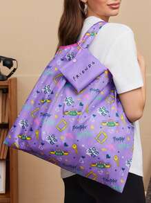 FRIENDS X SHEIN Sac cabas pliable en RPET avec imprimé lettres, sac de course portable, cadeaux