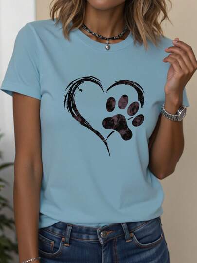 INAWLY Dog Paw & Heart Print T-Shirt Women's Casual Short Sleeve Round Neck Shirt Graphic Tees Women Tops