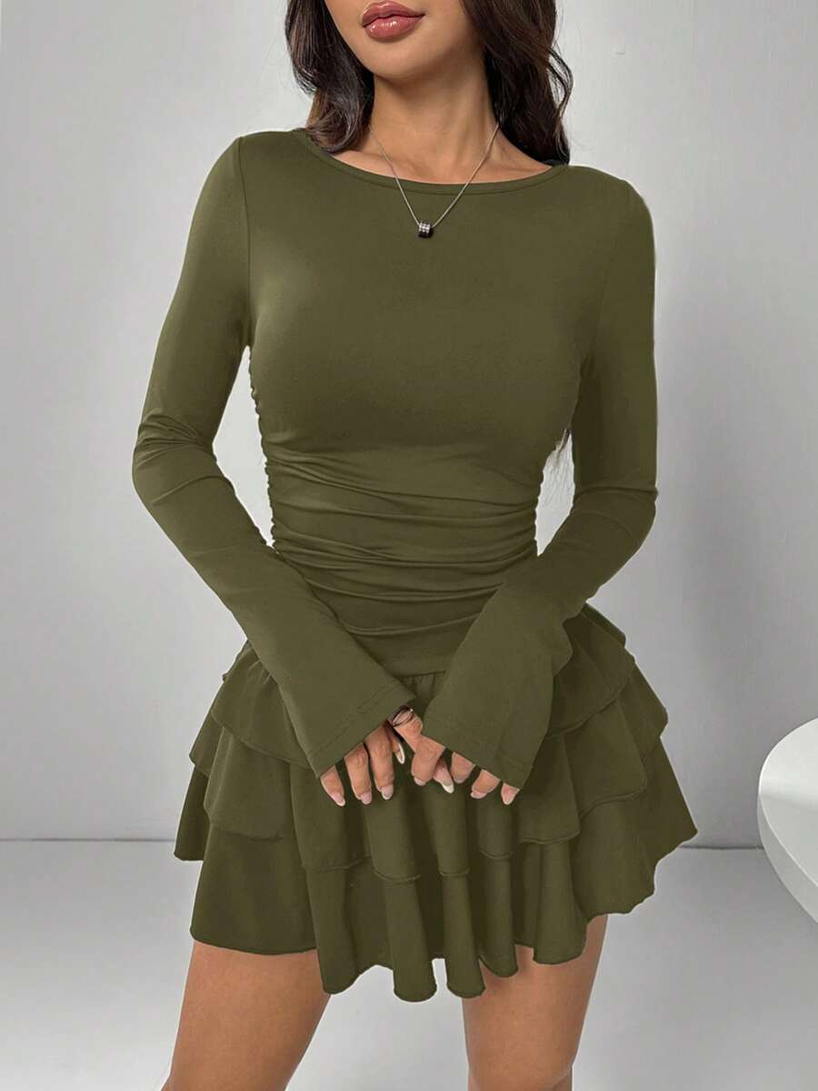 SHEIN EZwear 女式优雅橄榄绿荷叶边下摆黑色长袖连衣裙 - 軍綠色 - 查看 1