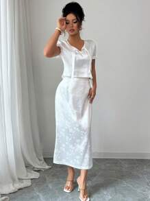 Elenzga Conjunto de 2 piezas de blusa de manga corta y falda de jacquard elegante para mujer - Blanco - Ver 5