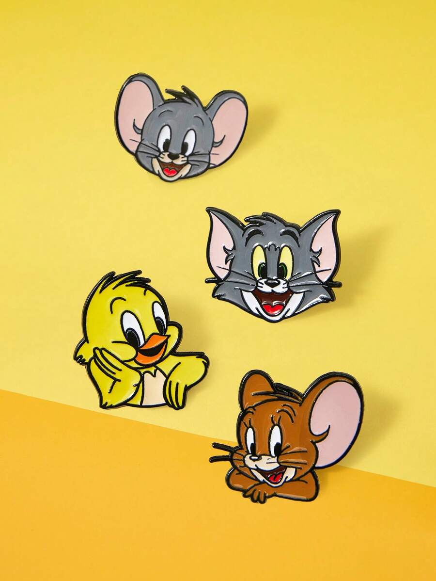 TOM & JERRY X SHEIN 4pcs/Set Cartoon Animal Pattern Enamel Brooch, Cute Cartoon Alloy Pin, Creative Accessories