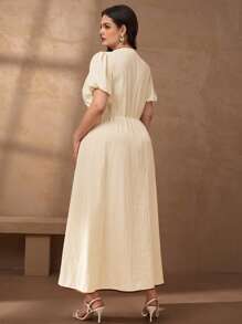 Chikora Plus Size Summer Casual Dress With Bow Decor Balloon Sleeves Summer Beige Dresses For Women Summer Elegant Dress Neutral Dresses - Apricot - View 3
