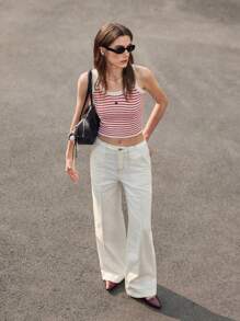 Muvela Sleeveless Red Striped Knit Top For Women Spring/Summer Must-Have Items: Retro Preppy Style, Back-To-School Outfits, Commuting, Office Wear, Afternoon Tea - Red - View 2